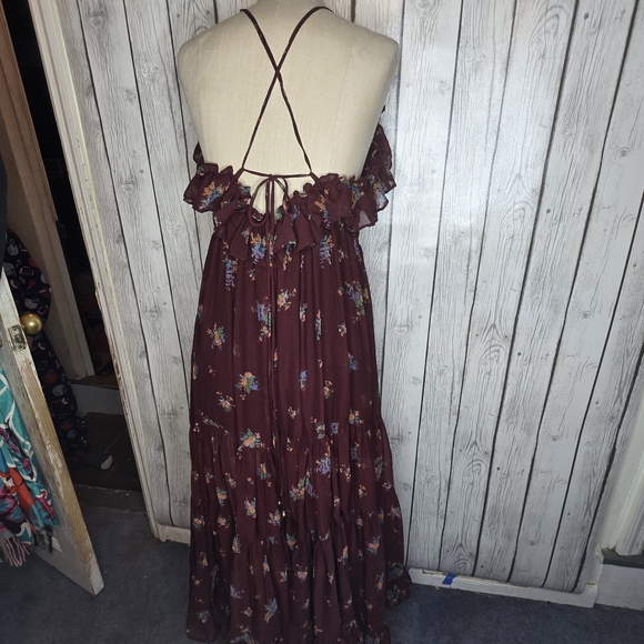 Free People Garden Party Maxi Dress Burgundy Floral Smocked Ruffle S - Picture 5 of 8